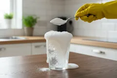 Eksperyment chemiczny – piana w szklance na kuchennym blacie, ręka w rękawiczce z łyżką.
