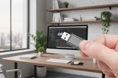 Pendrive w dłoni na tle biura z komputerem i roślinami, minimalistyczne wnętrze